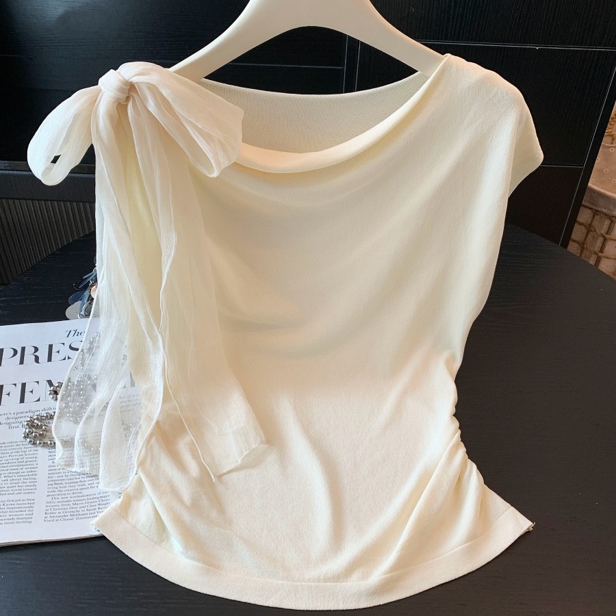 Women Summer Knit Sleeveless Top with Draped Neck and Ribbon French Style - Image 5