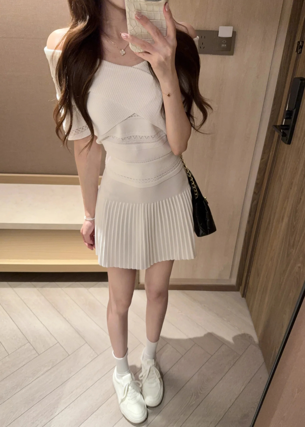 Women's Summer White Knit Two-Piece Set Off-Shoulder Top and Pleated Skirt - Image 4