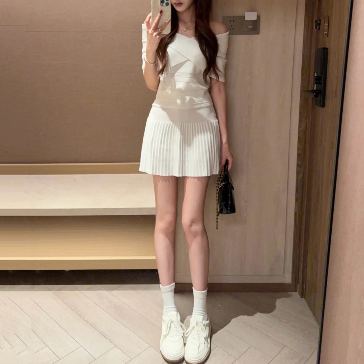 Women's Summer White Knit Two-Piece Set Off-Shoulder Top and Pleated Skirt - Image 5