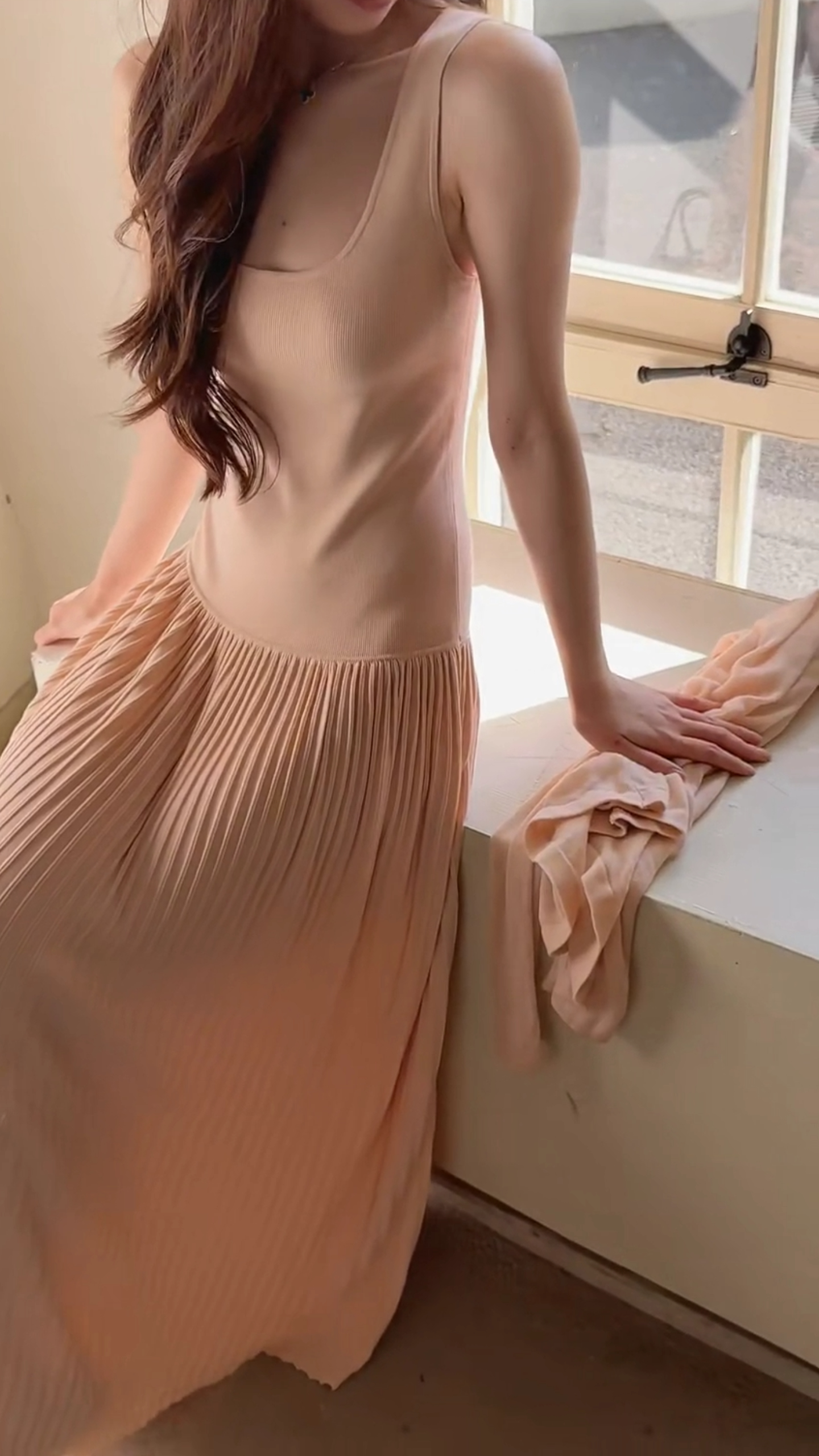 Pink Pleated Knit Dress and Cardigan Two-Piece Set for Women - Image 2