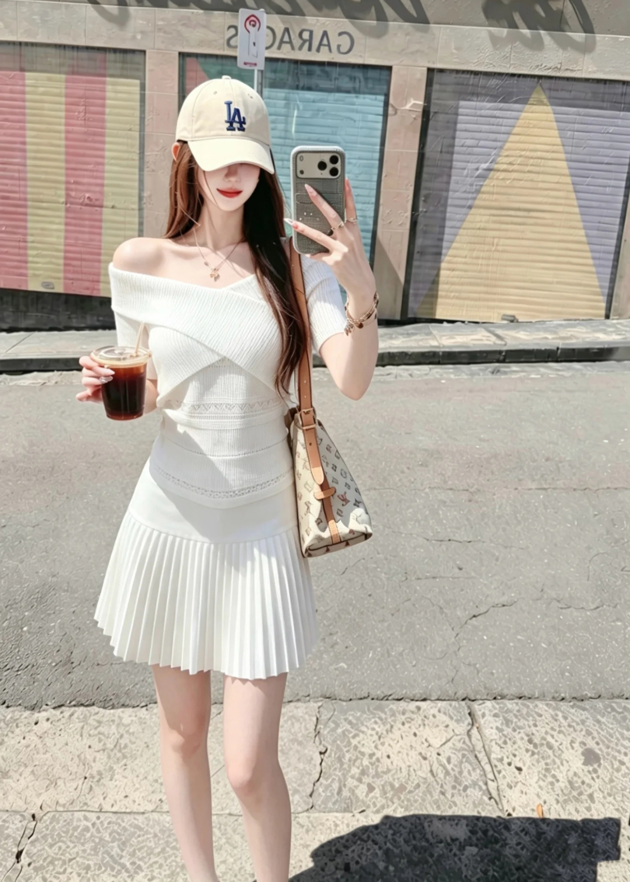Off-Shoulder Cinched Knit Top and Pleated Skirt Two-Piece Set for Women Summer High Waist Slimming - Image 4