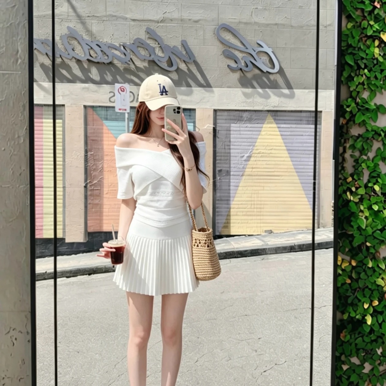 Off-Shoulder Cinched Knit Top and Pleated Skirt Two-Piece Set for Women Summer High Waist Slimming - Image 5