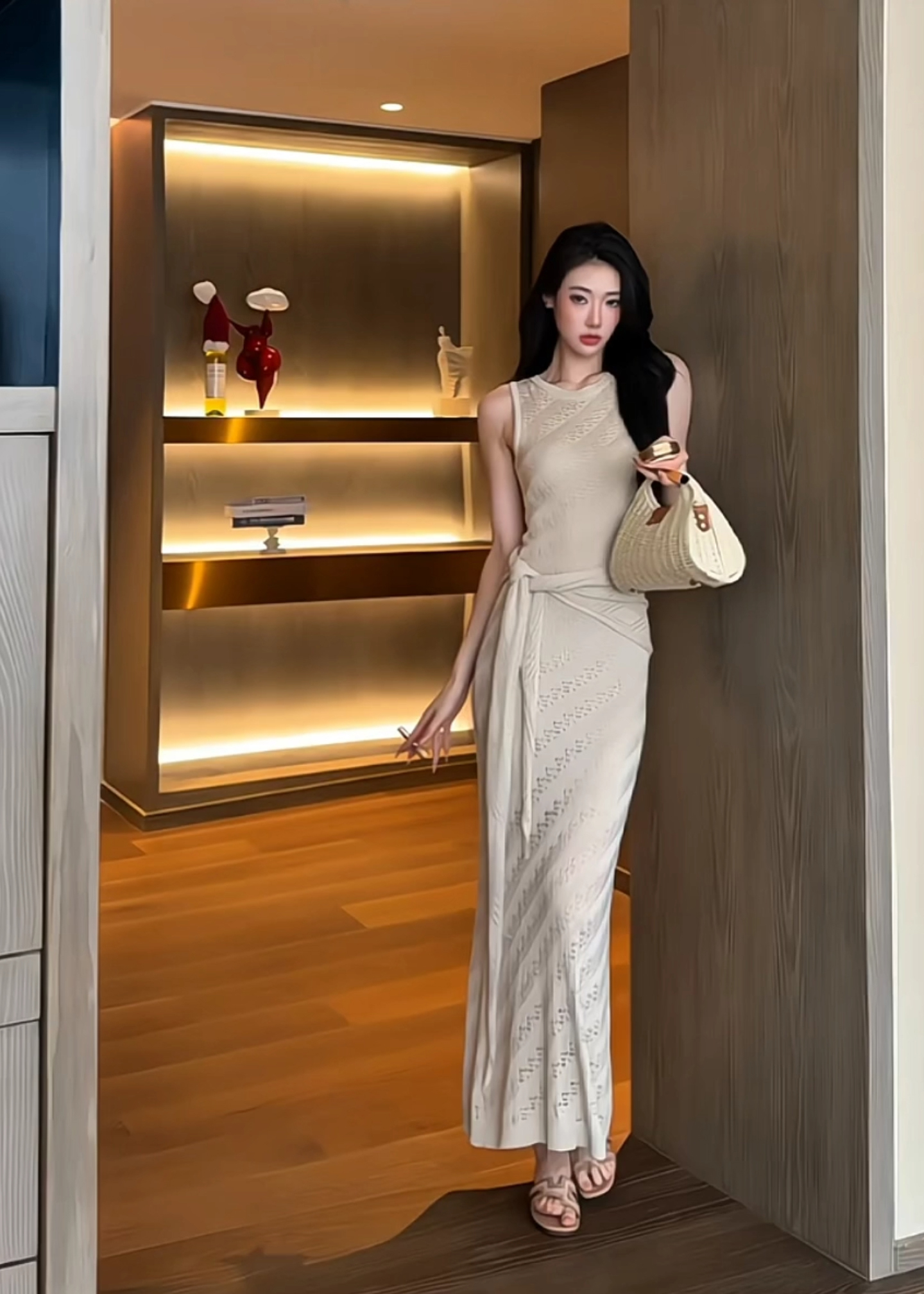 Summer Crew Neck Sleeveless Open Knit Dress with Waist and Shawl - Image 3
