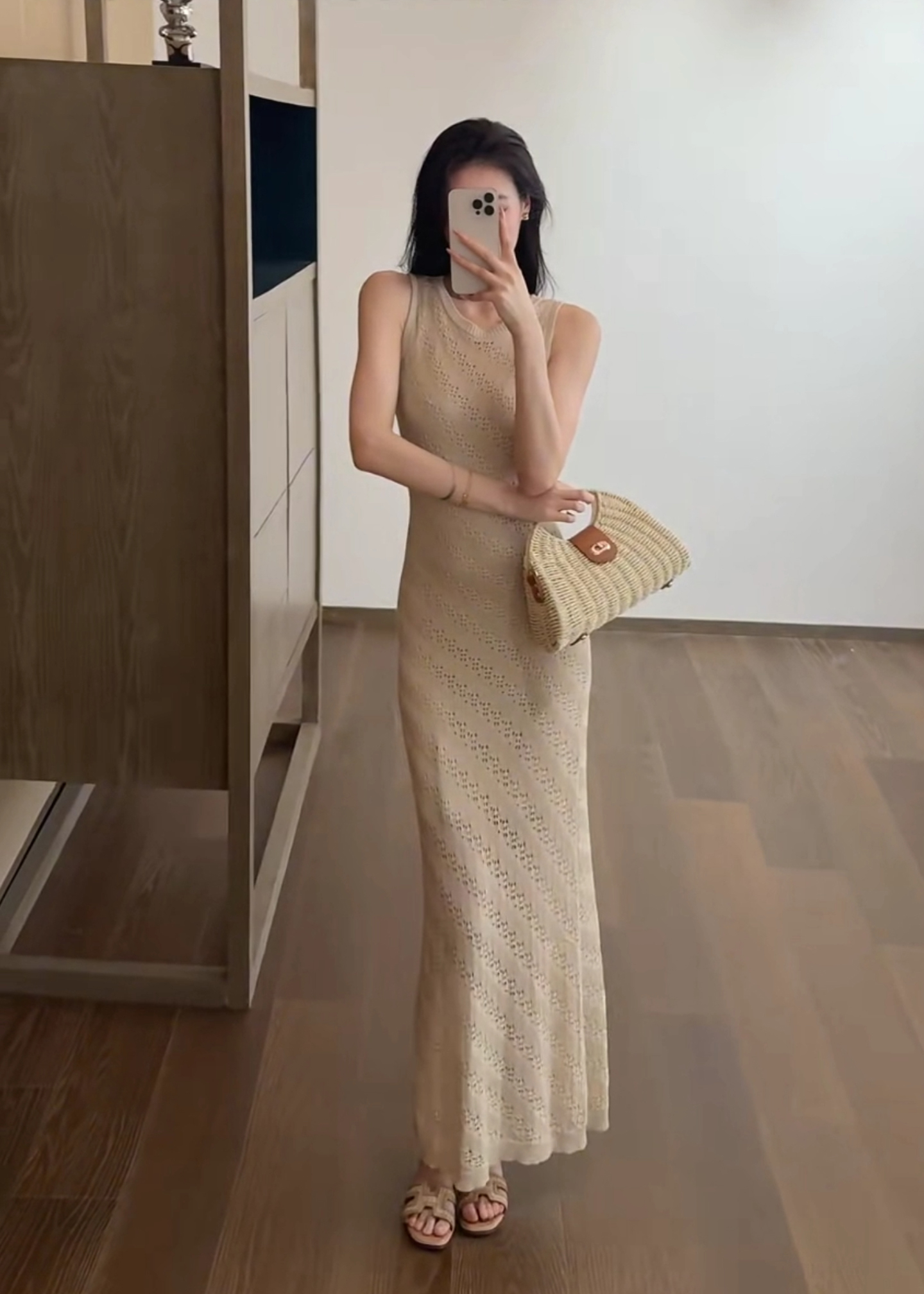 Summer Crew Neck Sleeveless Open Knit Dress with Waist and Shawl - Image 2