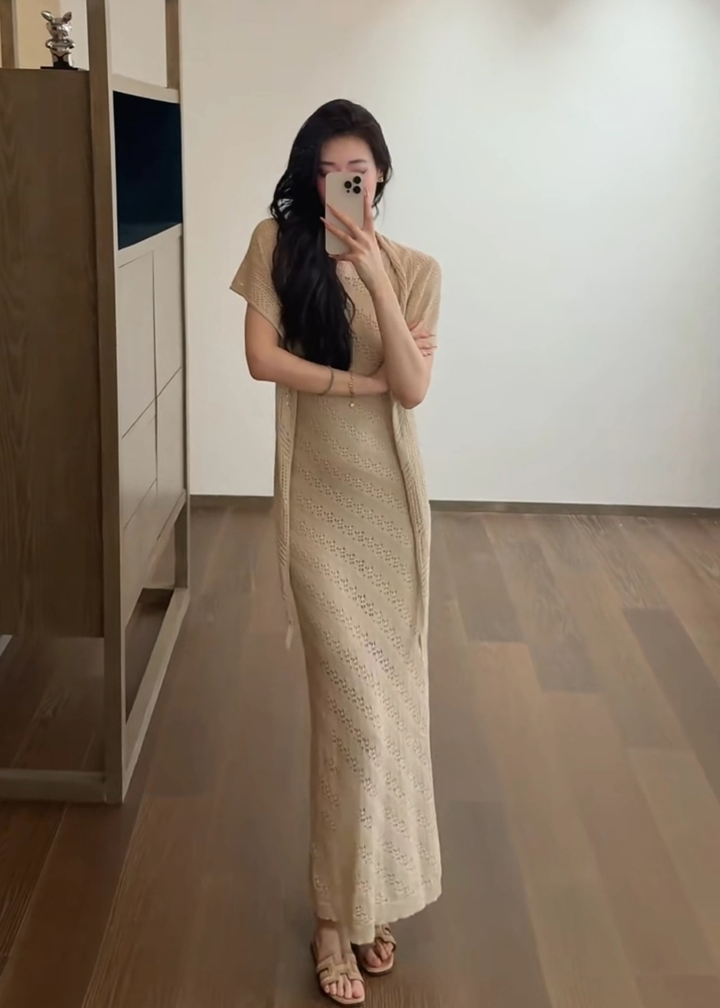 Summer Crew Neck Sleeveless Open Knit Dress with Waist and Shawl
