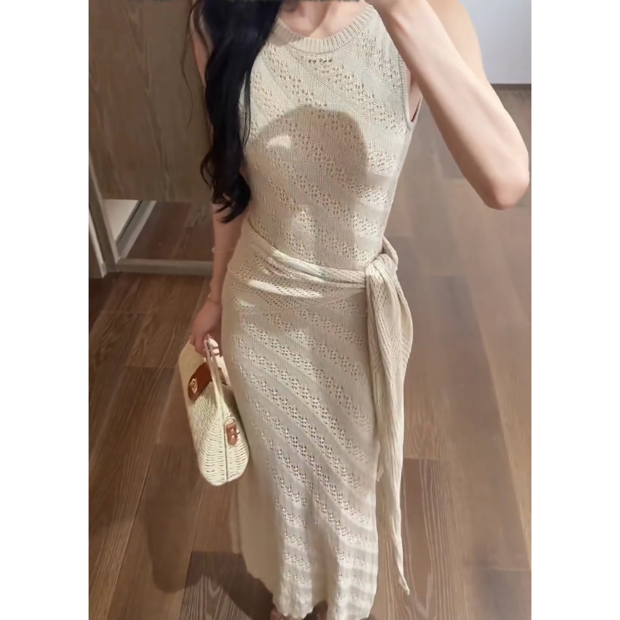 Summer Crew Neck Sleeveless Open Knit Dress with Waist and Shawl - Image 5