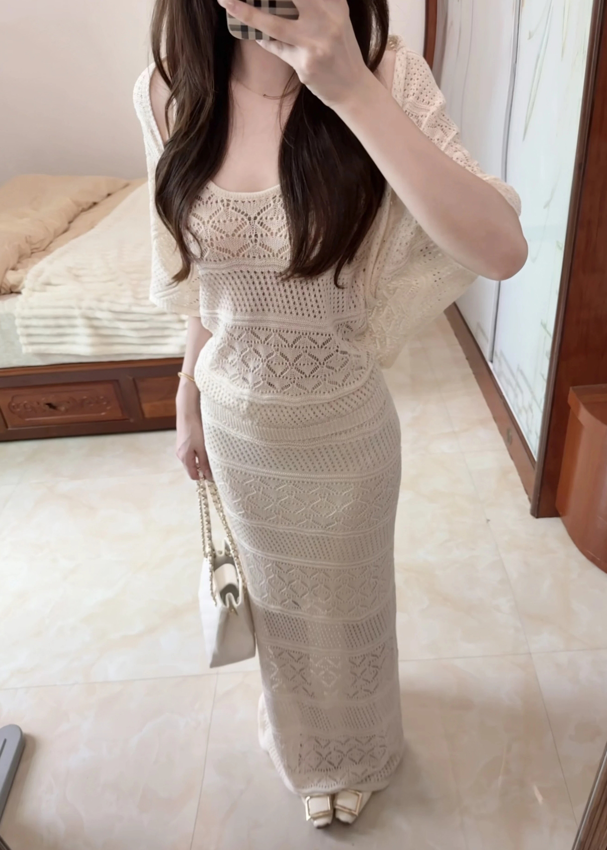 Women’s Knit Three-Piece Set with Shawl Vest and High-Waist Skirt