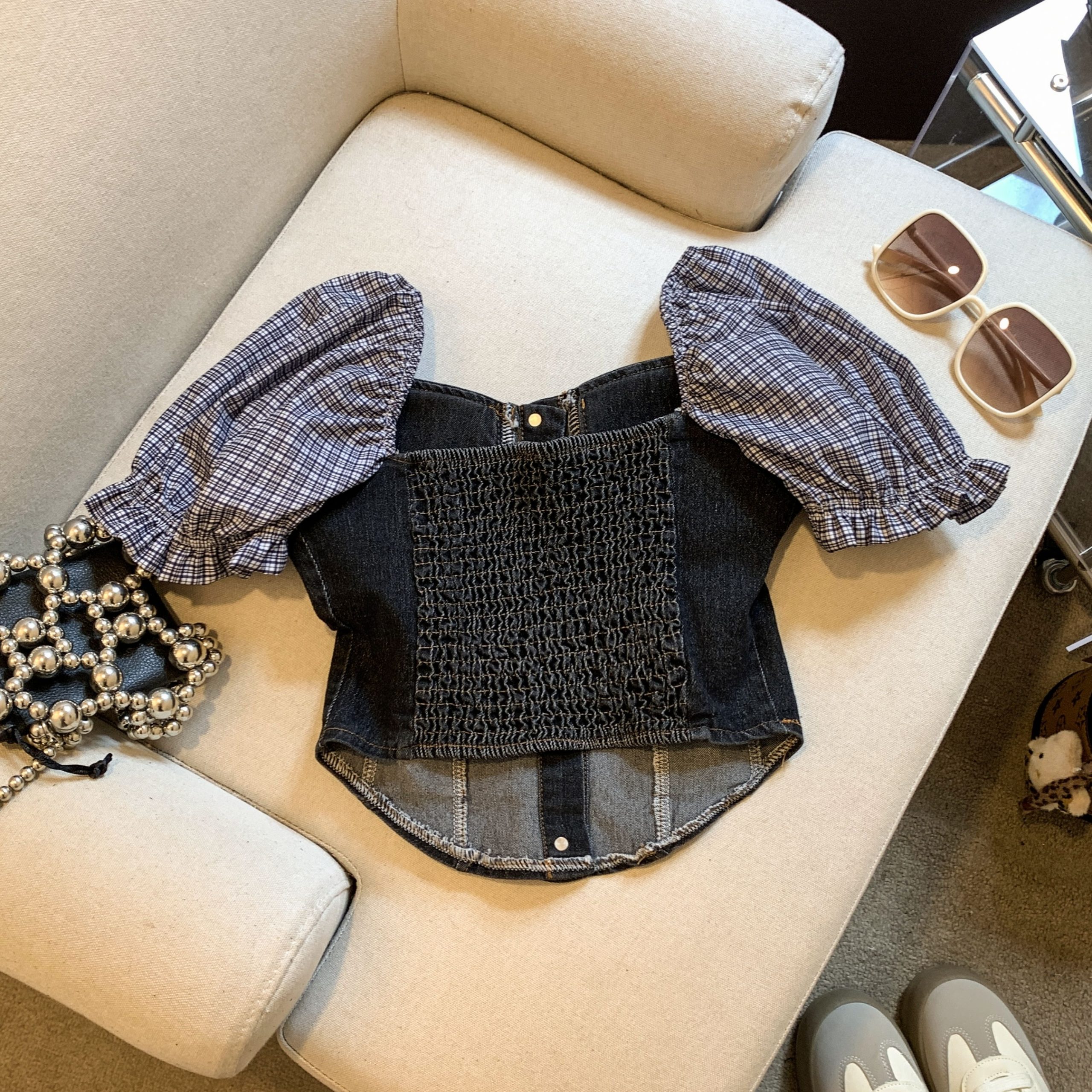 Women's Square Neck Denim Plaid Puff Sleeve Irregular Short Shirt - Image 4