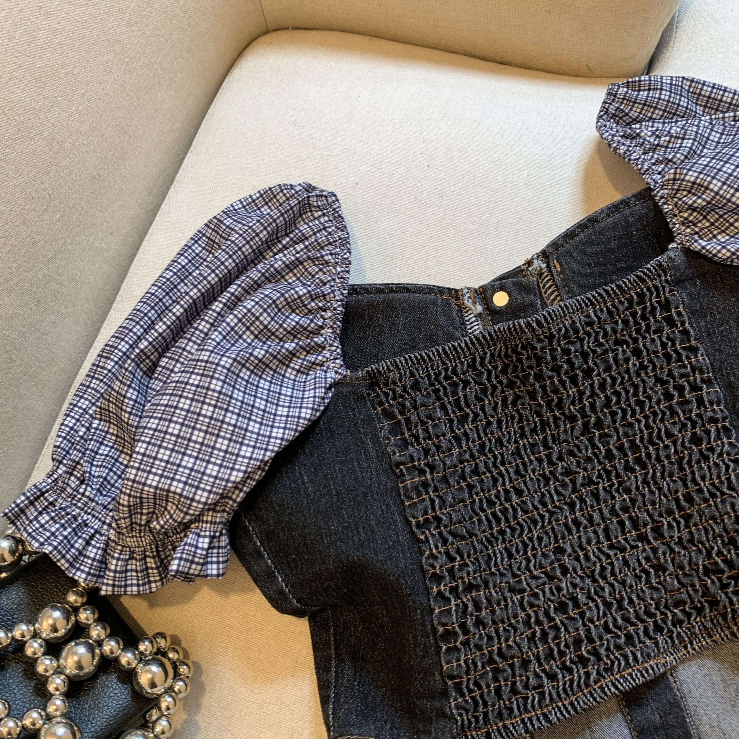 Women's Square Neck Denim Plaid Puff Sleeve Irregular Short Shirt - Image 5