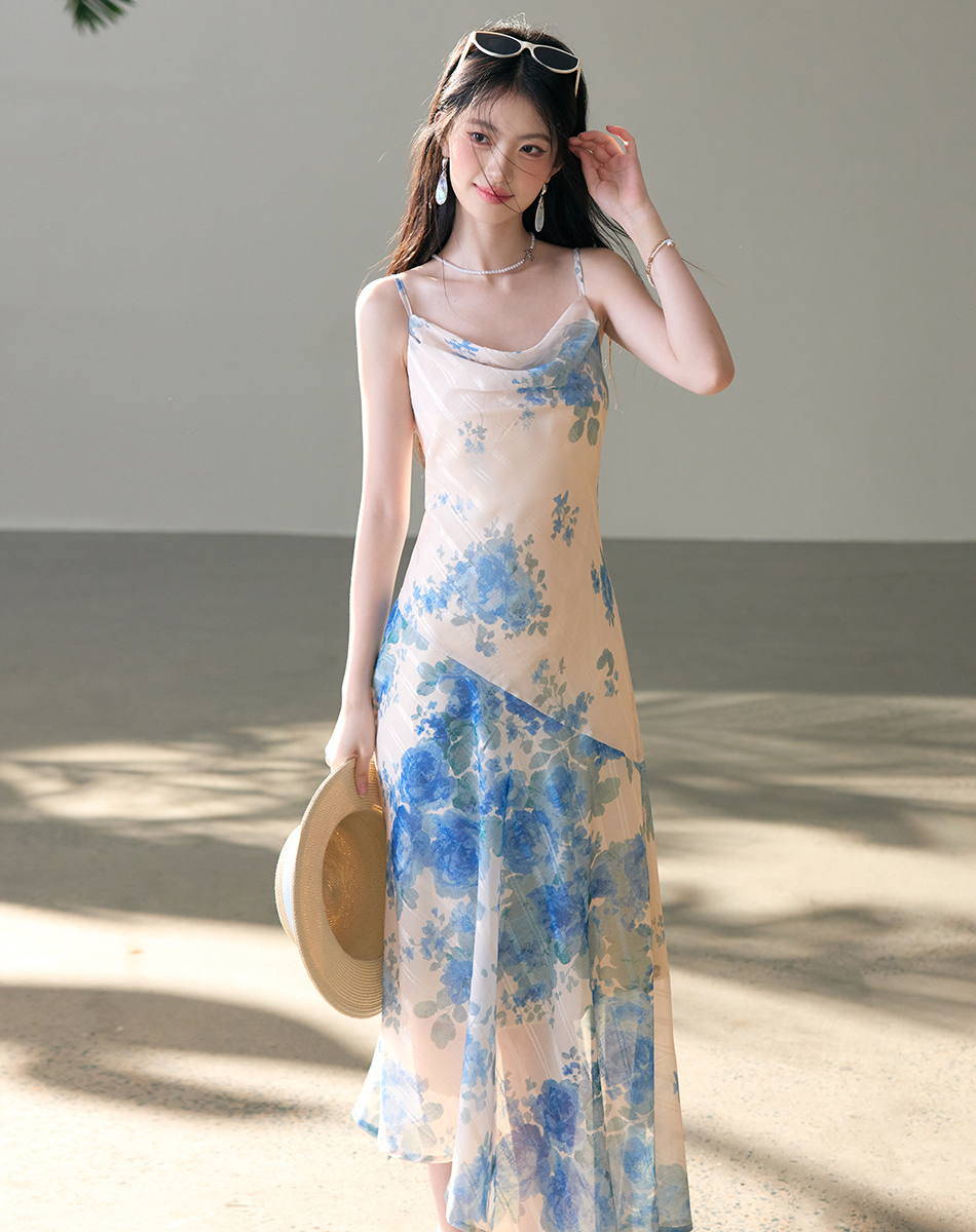 Monet Garden Tie-Dye Cowl Neck Cami Dress Irregular Hem Vacation Dress - Image 2