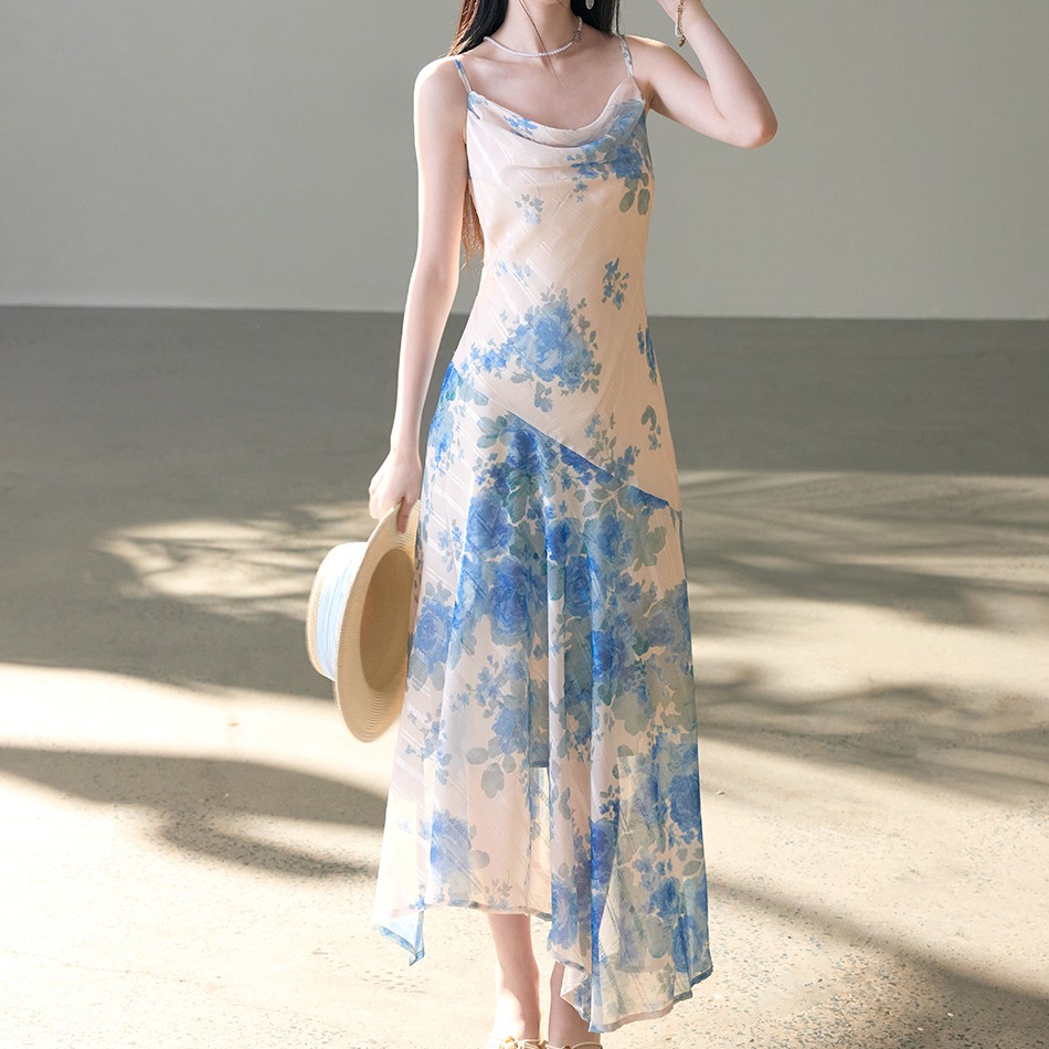 Monet Garden Tie-Dye Cowl Neck Cami Dress Irregular Hem Vacation Dress - Image 5