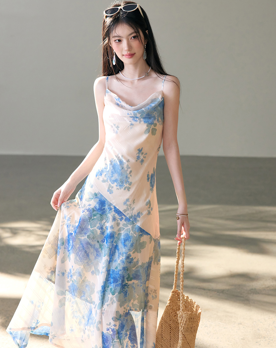 Monet Garden Tie-Dye Cowl Neck Cami Dress Irregular Hem Vacation Dress
