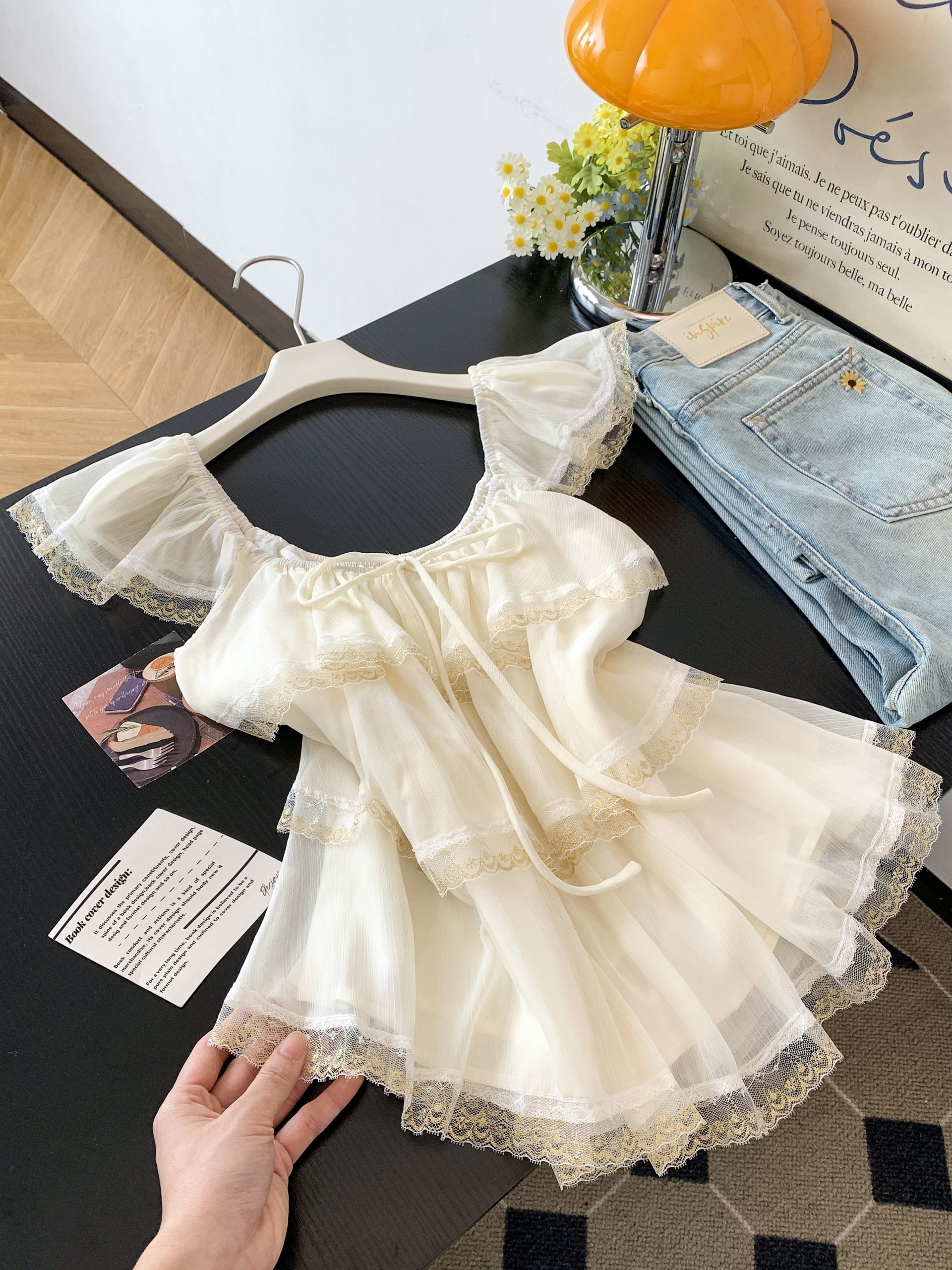 French Sweet Square Neck Ruffle Strap Camisole Women Summer Slimming Lace Fly Sleeve Top - Image 2