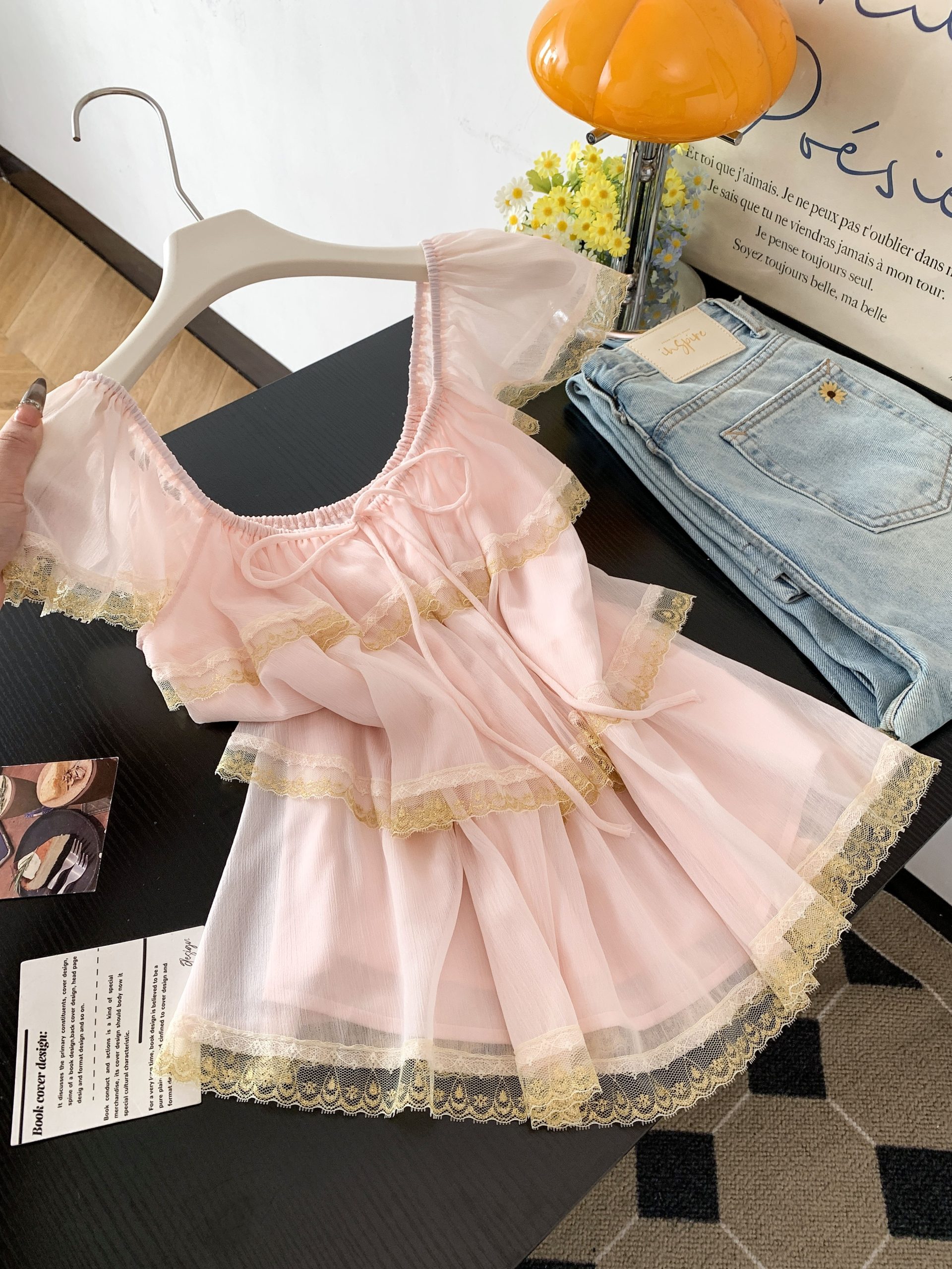 French Sweet Square Neck Ruffle Strap Camisole Women Summer Slimming Lace Fly Sleeve Top