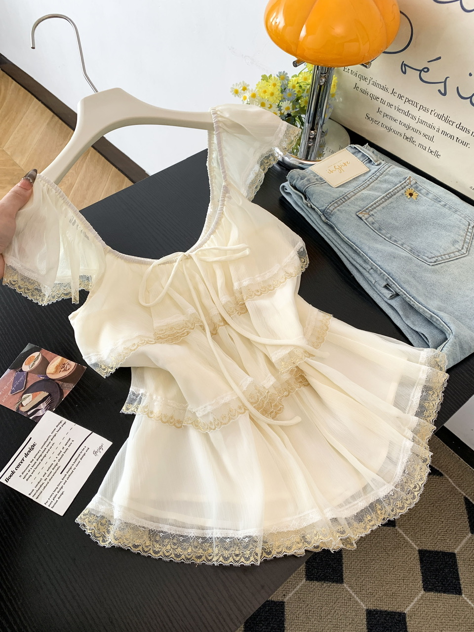 French Sweet Square Neck Ruffle Strap Camisole Women Summer Slimming Lace Fly Sleeve Top - Image 4