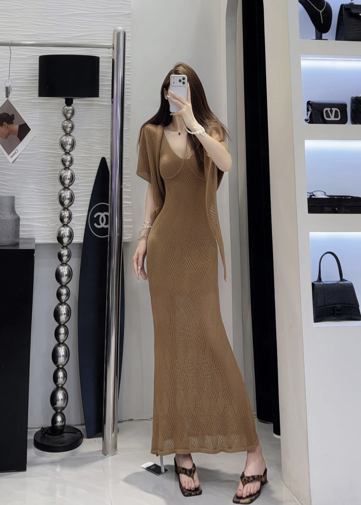 French Elegant Sophisticated Slim Fit Knit Dress with Shawl Set - Image 3