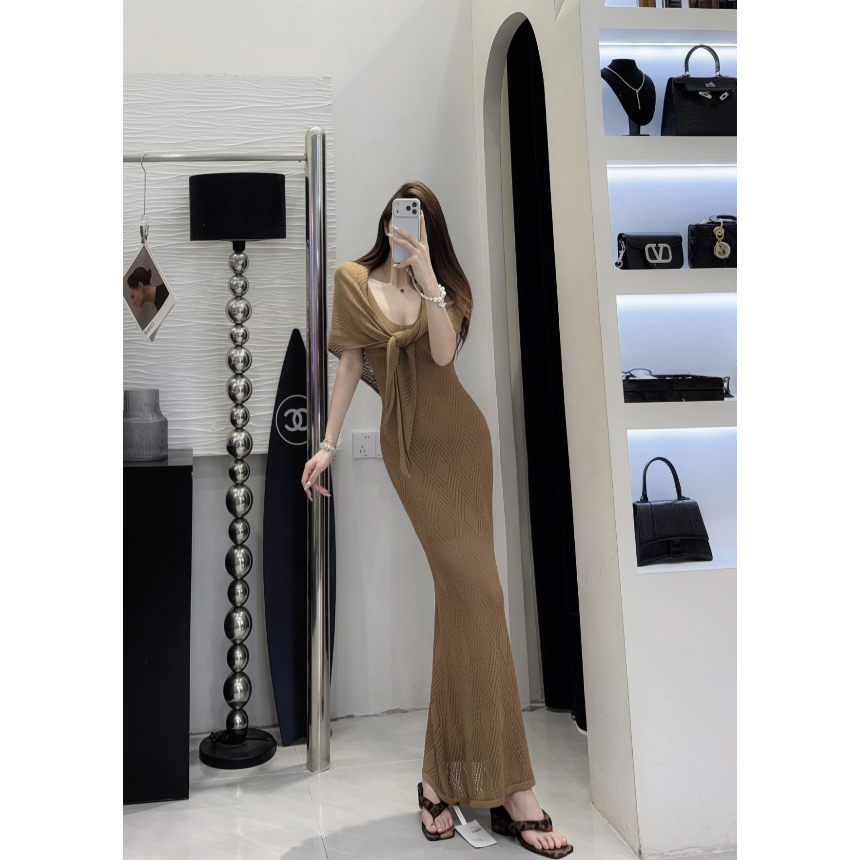 French Elegant Sophisticated Slim Fit Knit Dress with Shawl Set - Image 5