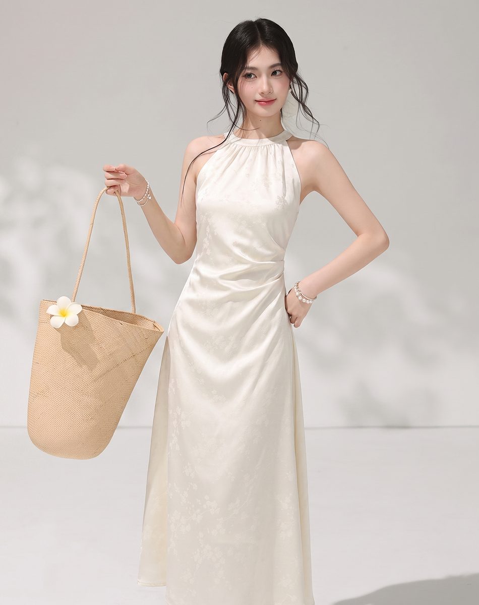 New Chinese Style Sleeveless Halter Neck Midi Dress with High Waist and Back Zipper for Women Summer