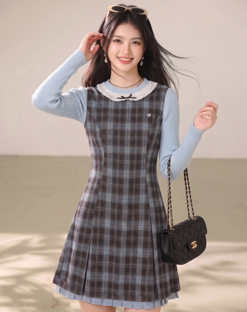 Sweet Plaid Two-Piece A-Line Dress Set with Knit Base - Image 3
