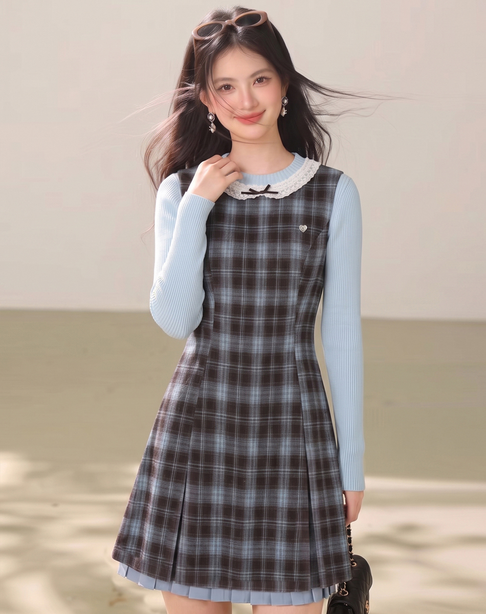 Sweet Plaid Two-Piece A-Line Dress Set with Knit Base