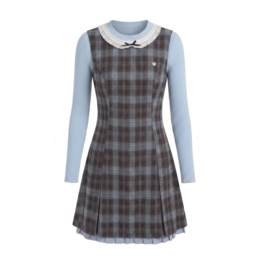 Sweet Plaid Two-Piece A-Line Dress Set with Knit Base - Image 5